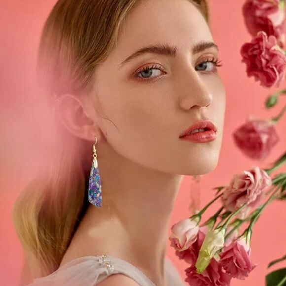 18K Yellow Gold with Natural Imperial Purple Blue Jasper Stone Hook Earrings - Picture 5 of 6